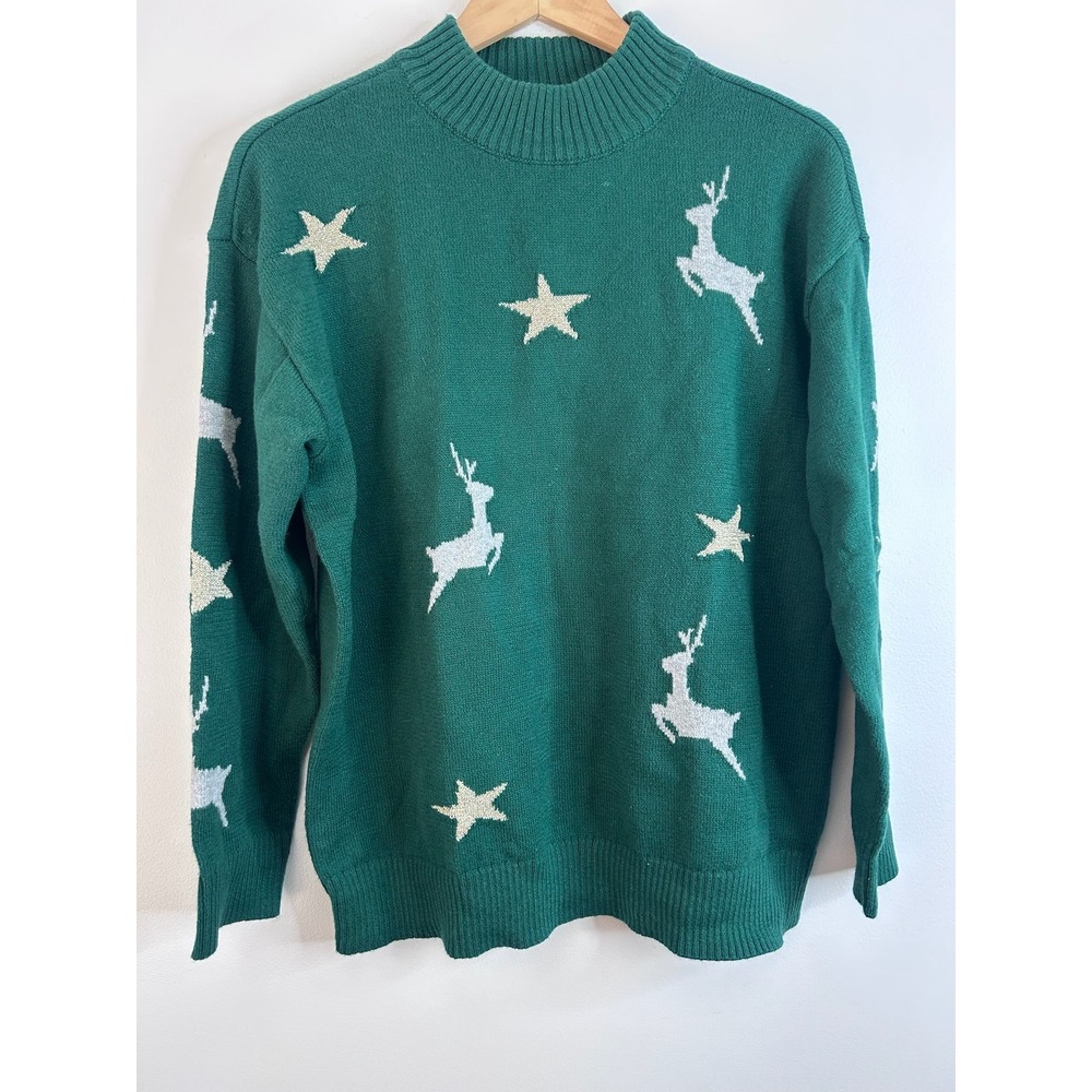 Talbots Green Reindeer Star Mock Neck Holiday Sweater NWT Large Festive‎ Preppy
